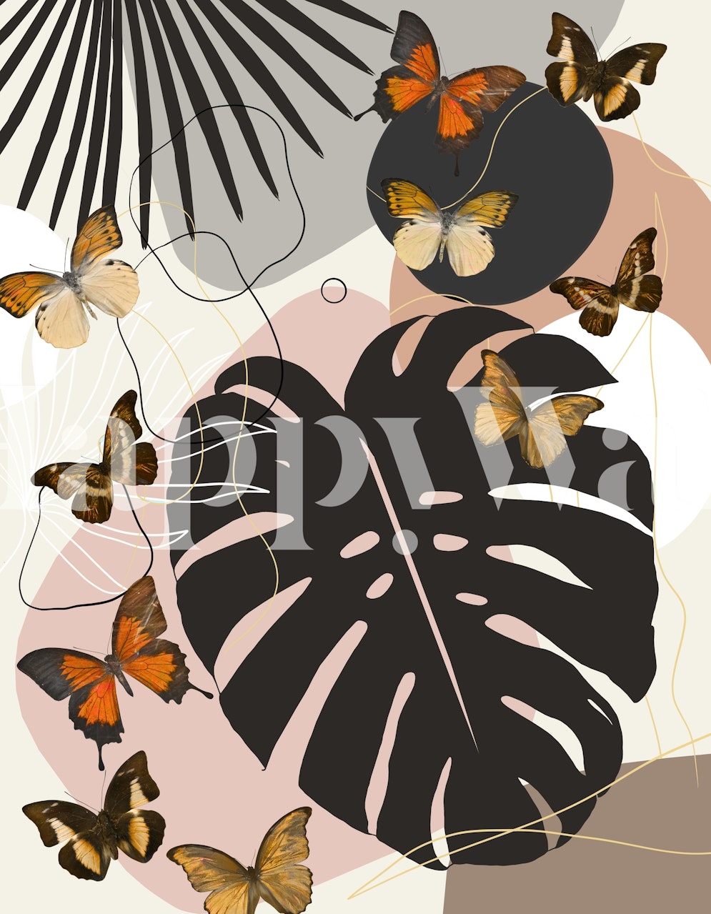 Monstera leaf, butterflies, black and beige shapes wallpaper