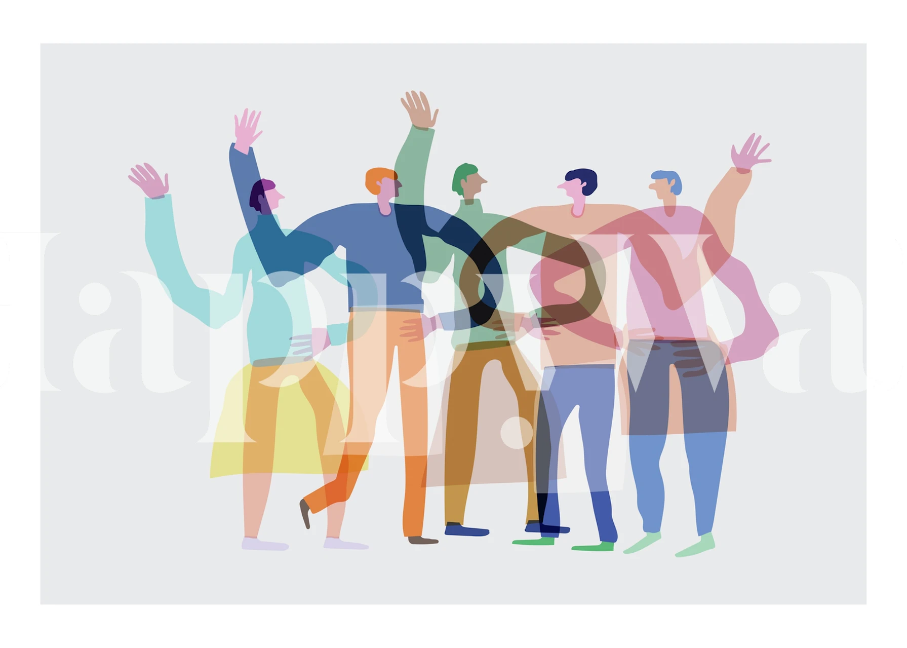 Colorful abstract group of friends with arms up wallpaper