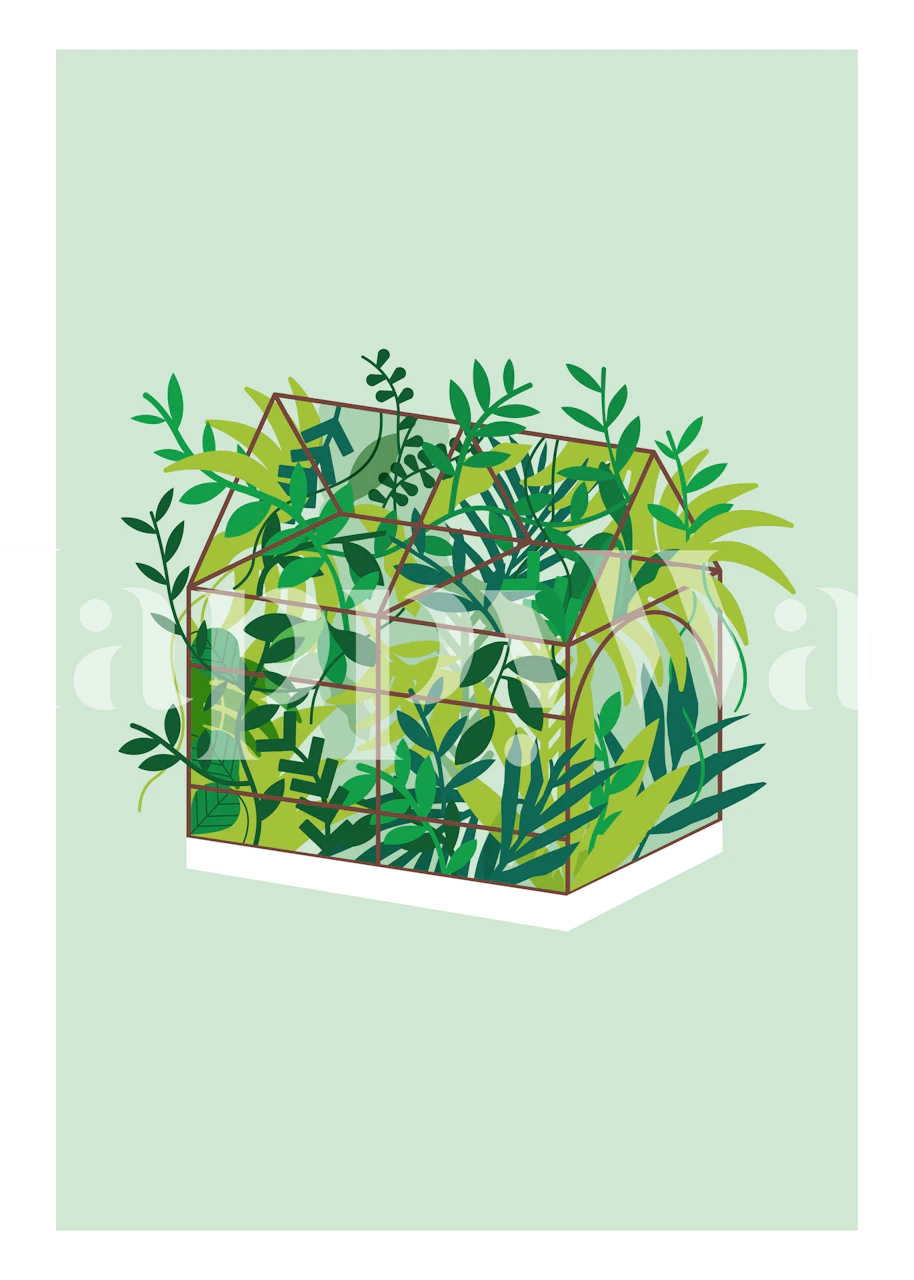 Greenhouse structure filled with green plants and leaves wallpaper
