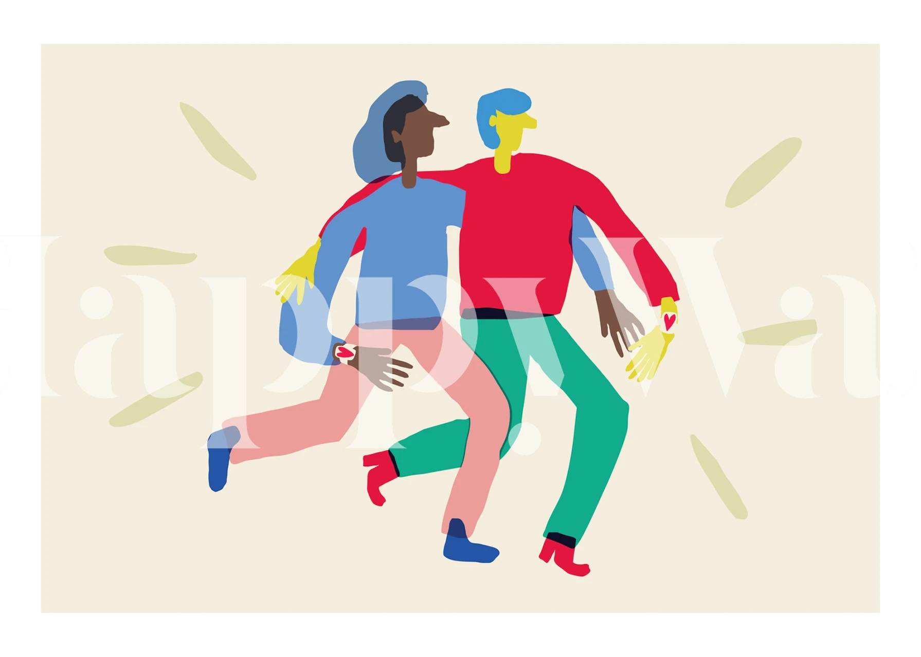 Colorful wall mural of two figures running with joyful expression called The Love Print