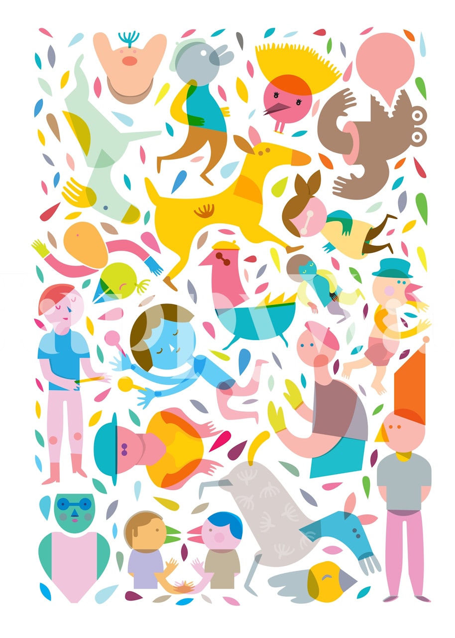 Fargerikt abstrakt veggmaleri med festtema med lekne figurer og former