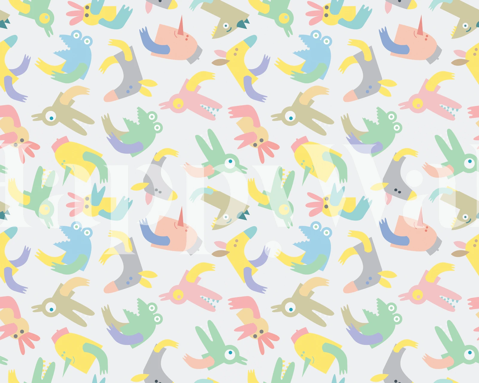 Fotomural vinílico de parede Grey Animals Pattern com ilustrações estilizadas de animais