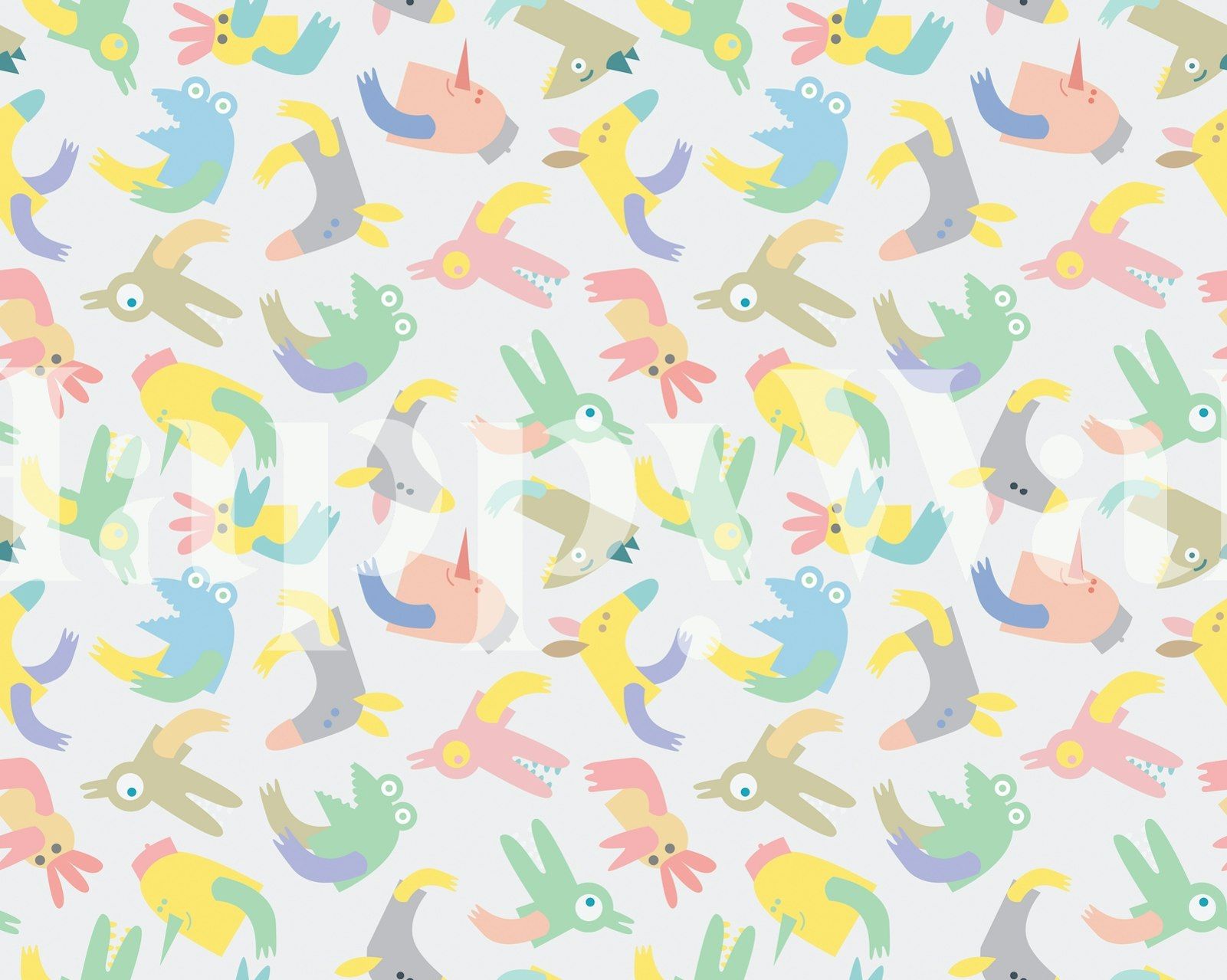 Grey Animals Pattern wall mural with stylized animal illustrations