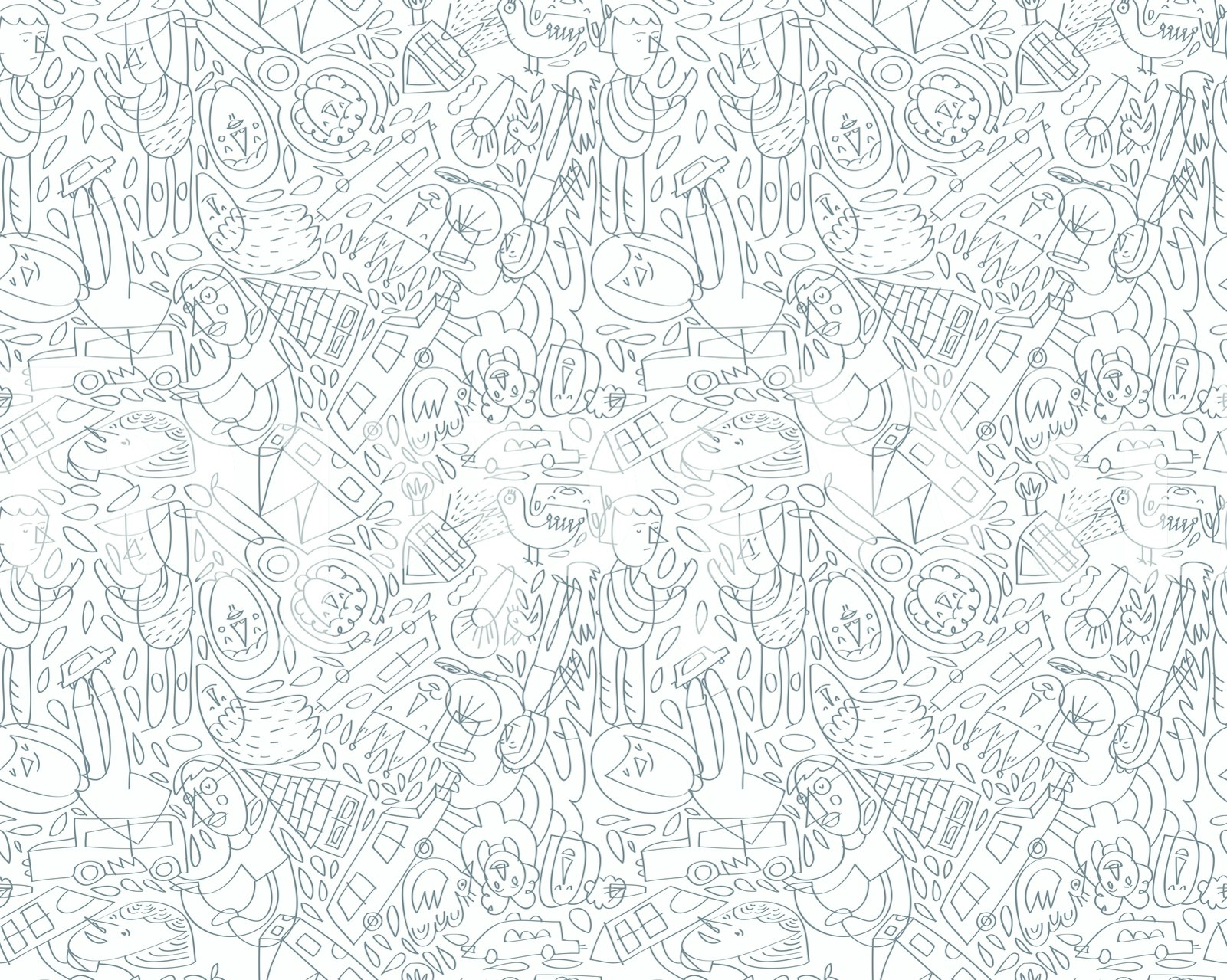 Monochrome line art wall mural with playful motifs