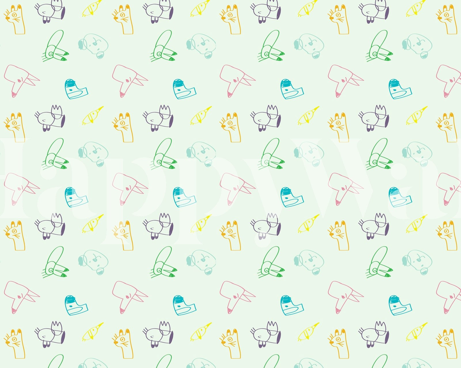 Colorful animal drawings in pastel shades on light background wallpaper