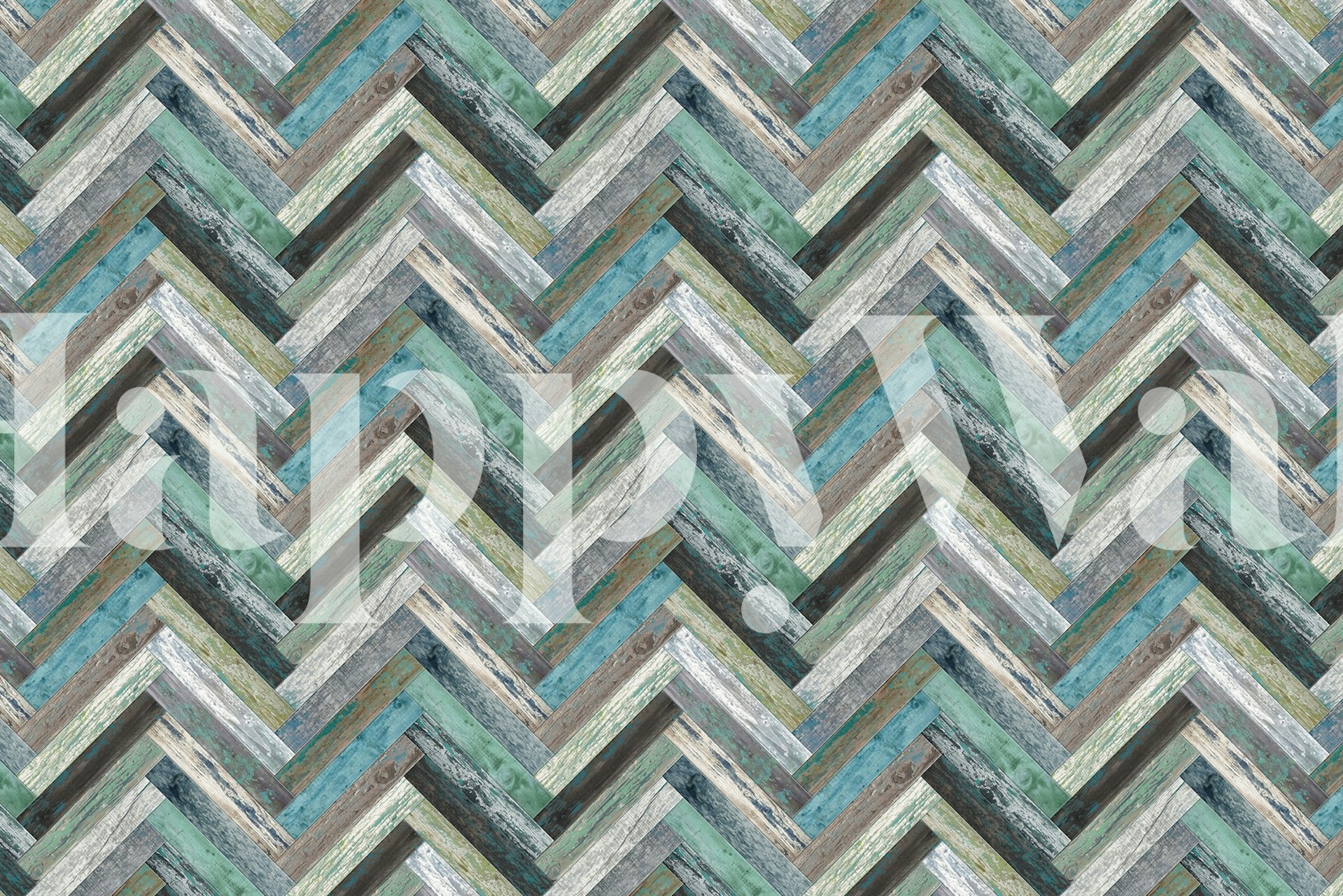 Wandbild „Chevron Wood Green Blue“ mit einem Chevron-Muster in Blau- und Grüntönen.