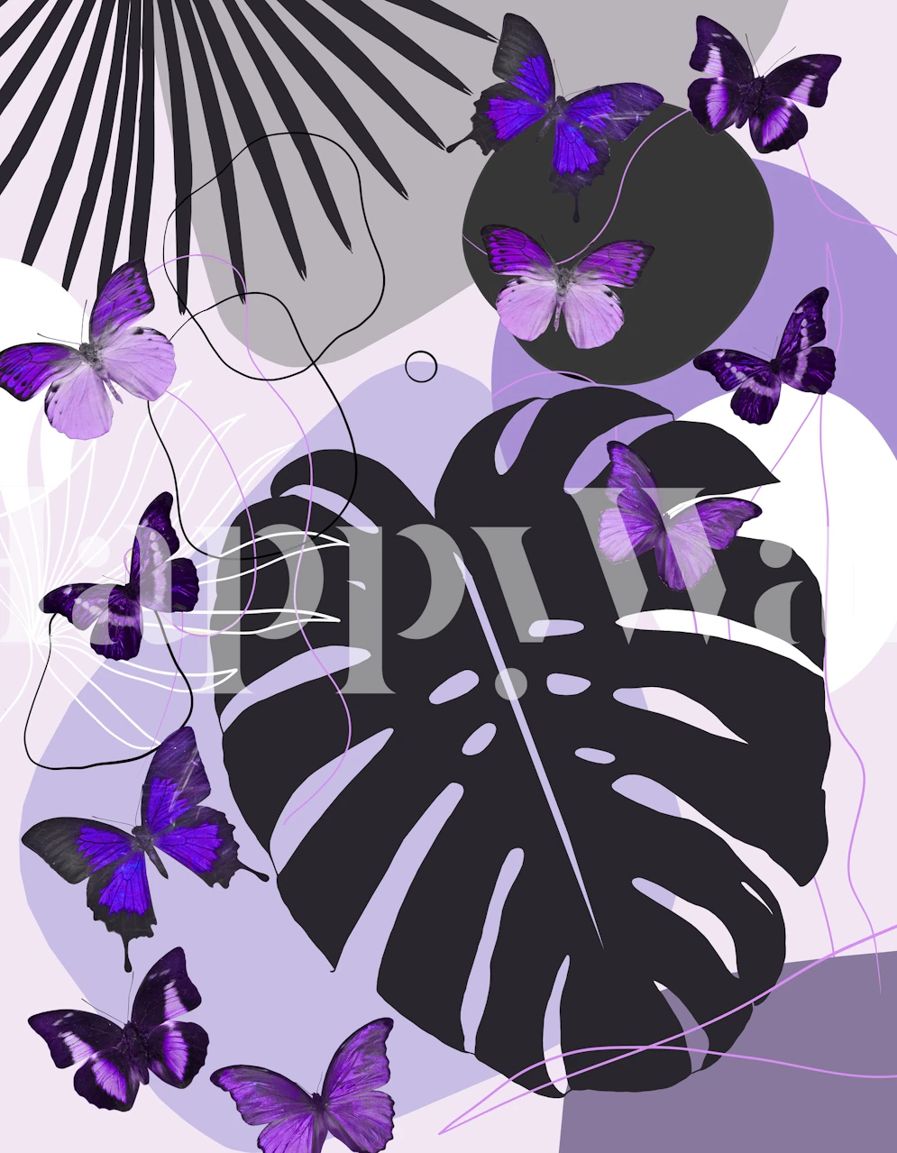 Purple butterflies and monstera leaves on a lavender background wallpaper