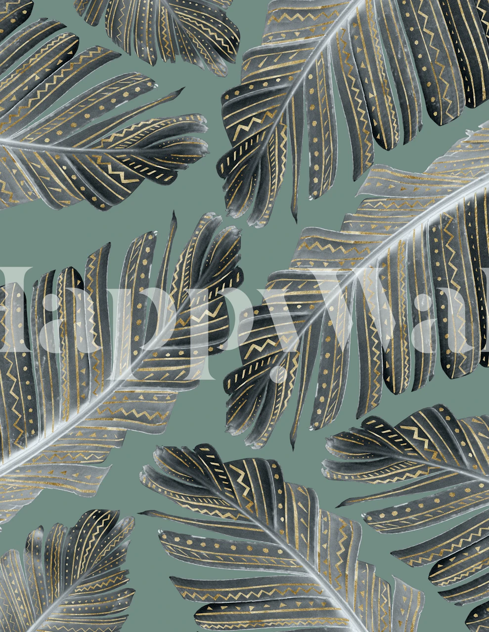 Boho tropical leaves in gold and black on green wallpaper