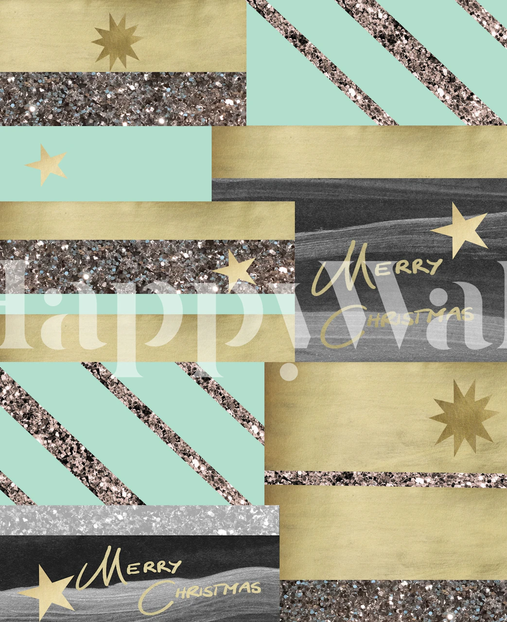 Mint green background with gold and silver glitter stripes and stars wallpaper