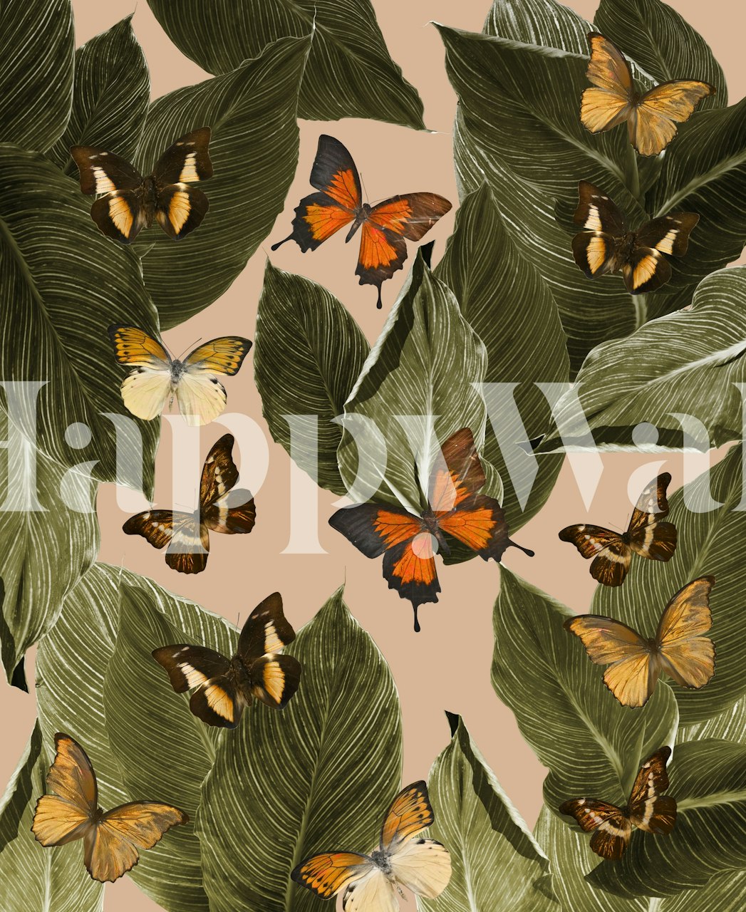Fototapeta Butterfly Jungle Delight se zelenými listy a barevnými motýly na teplém pozadí