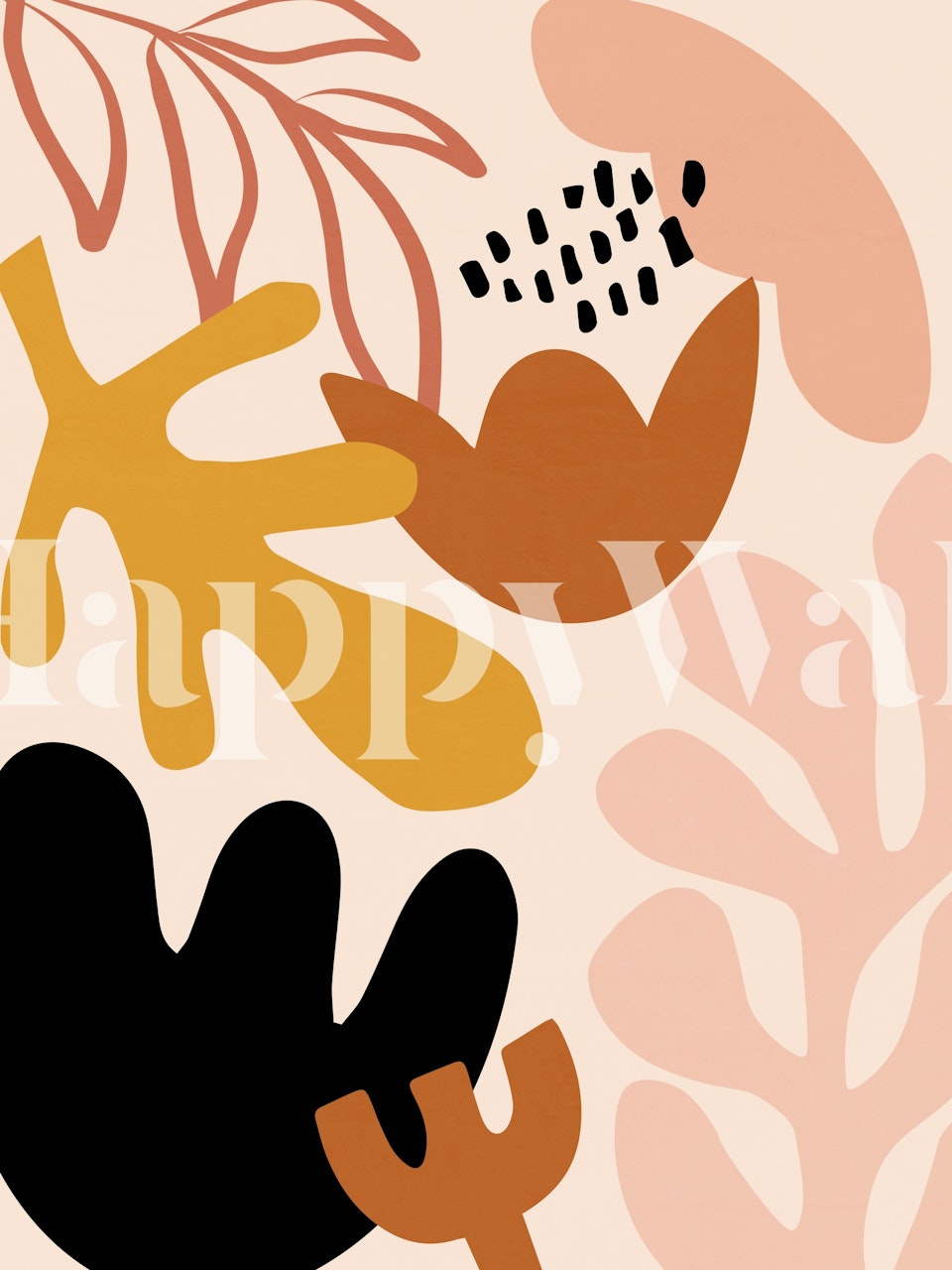 Abstract autumn leaves in warm colors, black and peach wallpaper