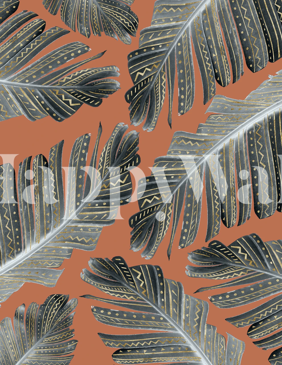 Boho Banana Leaves Glam 3 wall mural with metallic highlights on warm terracotta background
