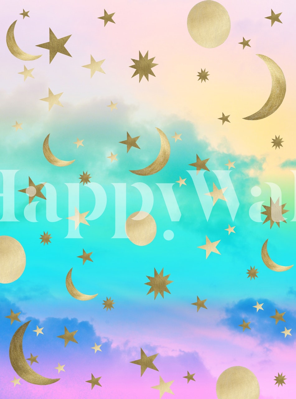 Pastel regnbue gradient med stjerner og måner vægmaleri