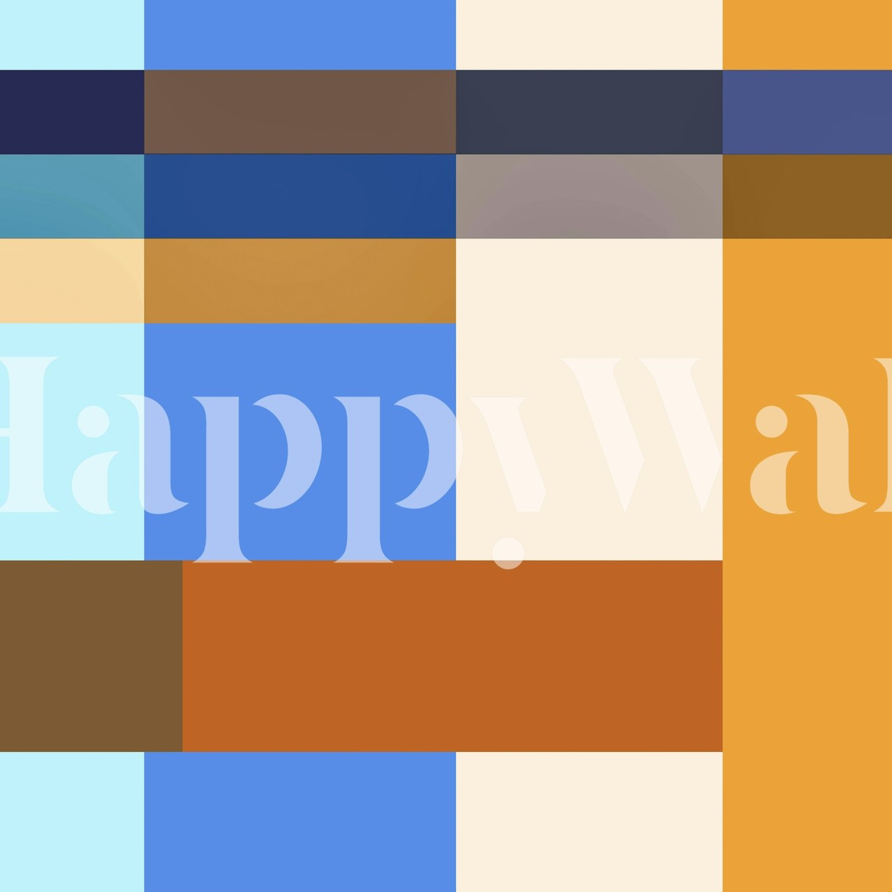 Geometric patterns in blue, orange, brown, and cream wallpaper