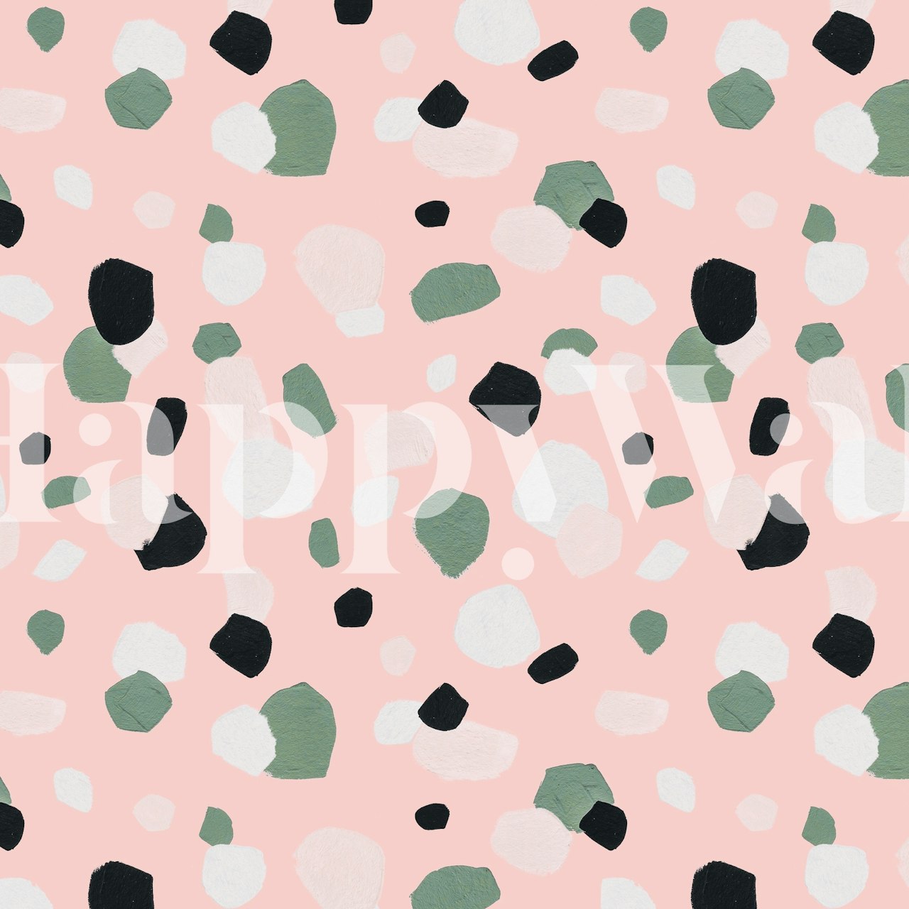 Terrazzo style wall mural with pink background and colorful confetti pieces