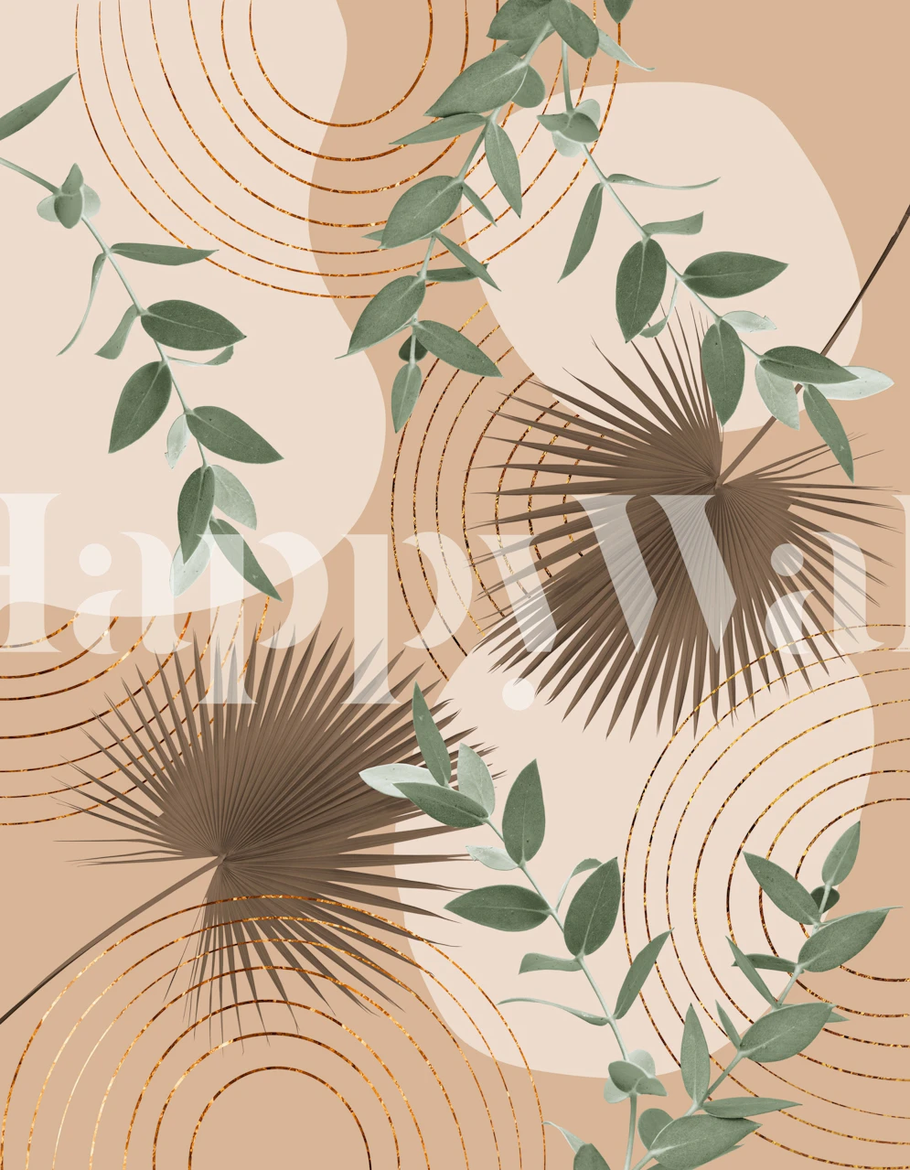 Abstract shapes with tropical leaves in warm beige colors wallpaper