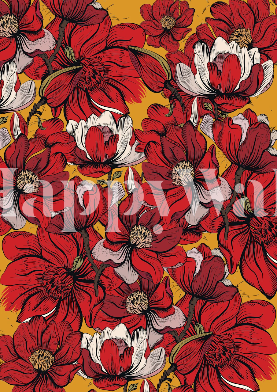 Red and white flowers on yellow background wallpaper