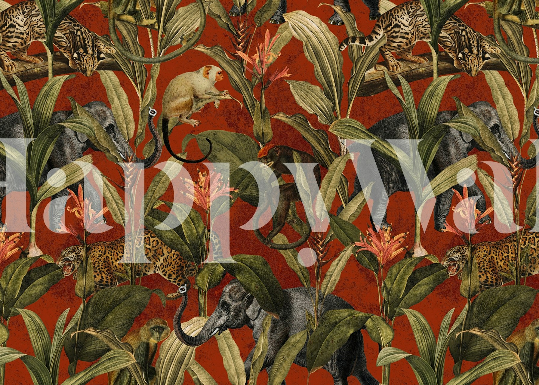 Jungle Wallpaper with wild animals and tropical plants