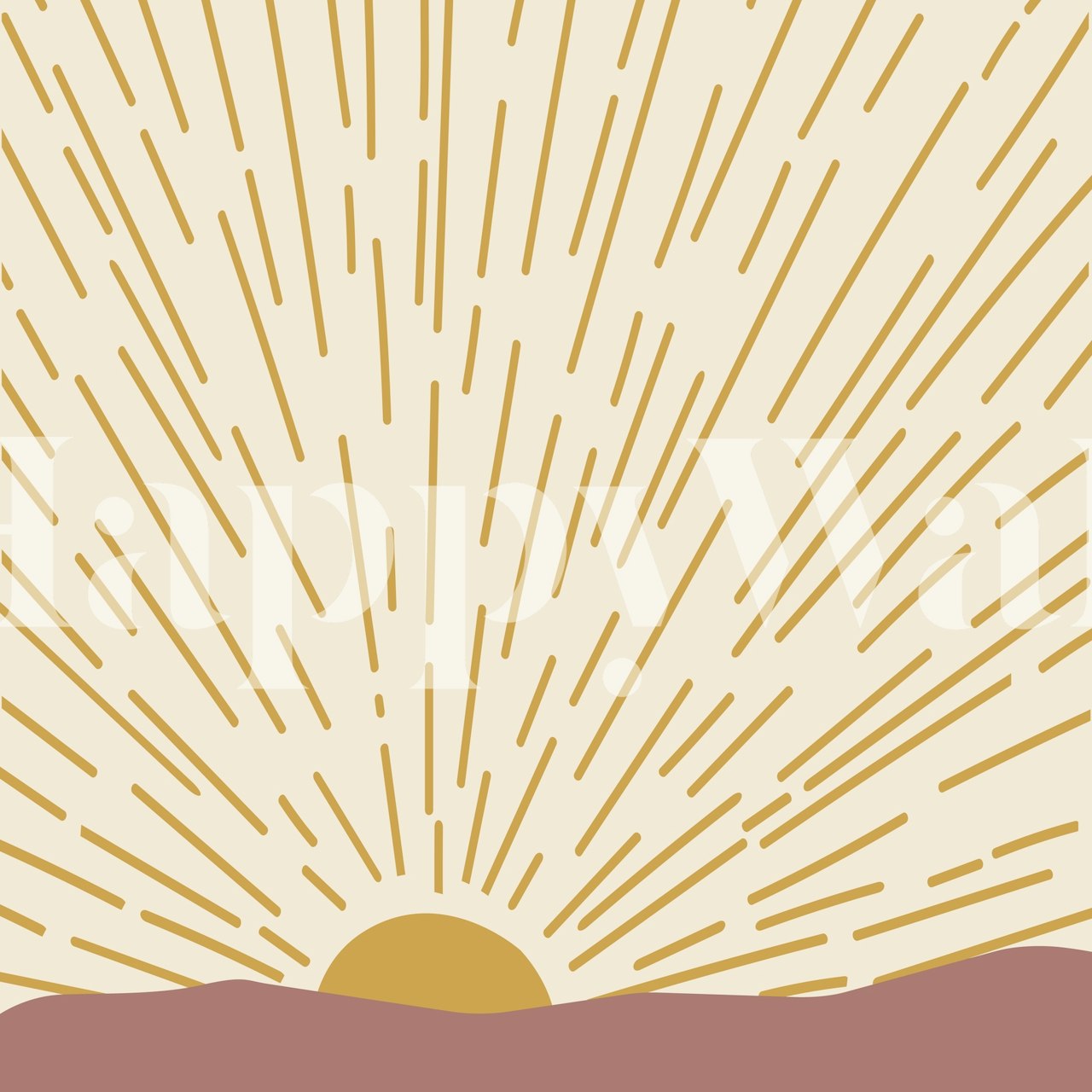 Stilisert gyllen soloppgang over terrakottaåsene veggmaleri