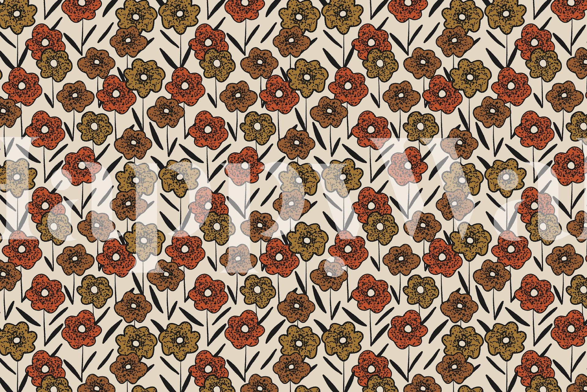 Colorful floral pattern with red and brown flowers on cream wallpaper