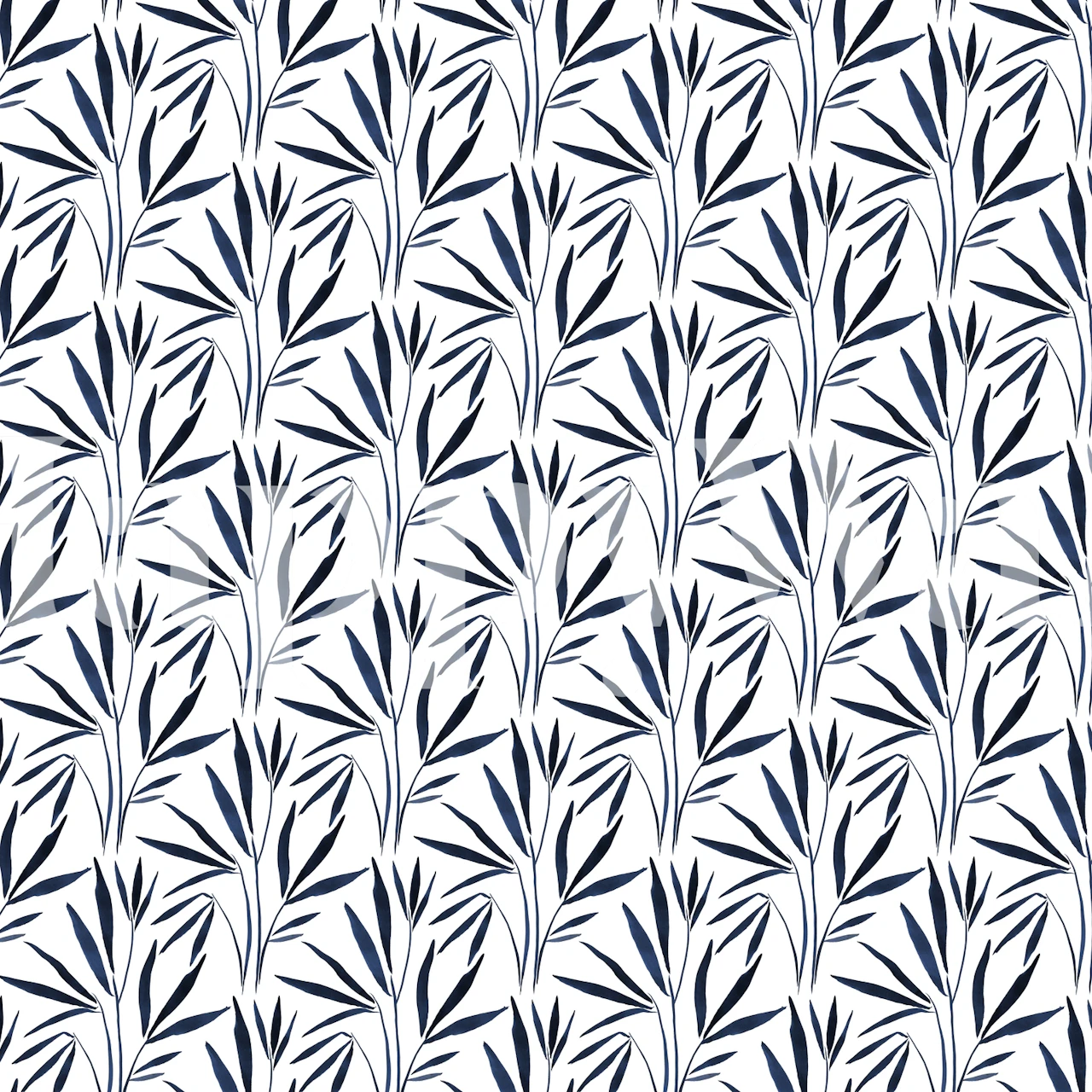 White wallpaper with navy blue bamboo plant pattern in an abstract style