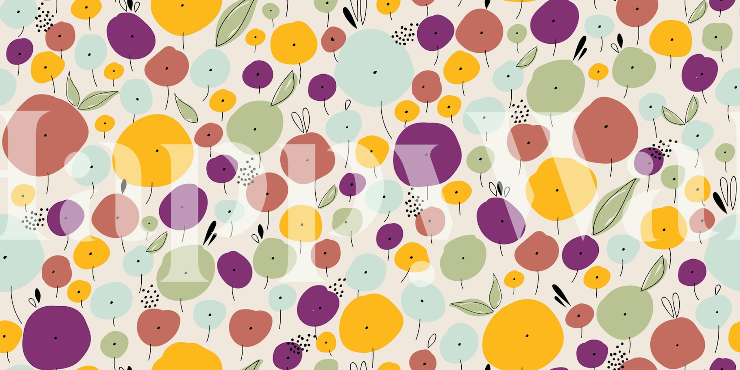 Colorful floral pattern with yellow, purple, pink, and green shapes wallpaper