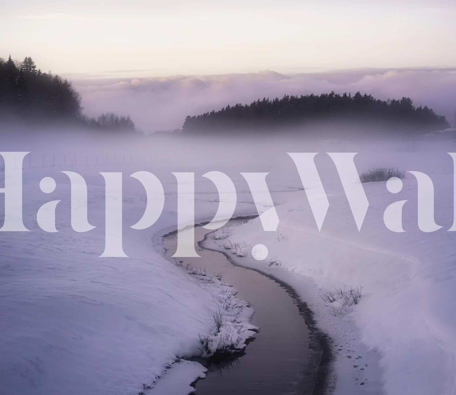 Winter's Mystique wall mural with a snowy landscape and misty forest at dawn