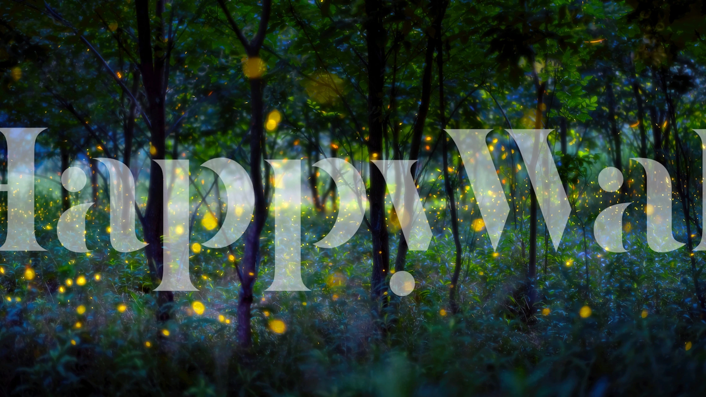 Groene bomen met vurige gele vuurvliegjes, magisch sfeer wallpaper