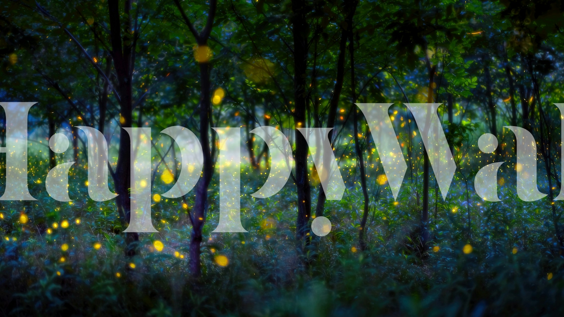 Magical forest scene with glowing fireflies and lush green foliage wallpaper