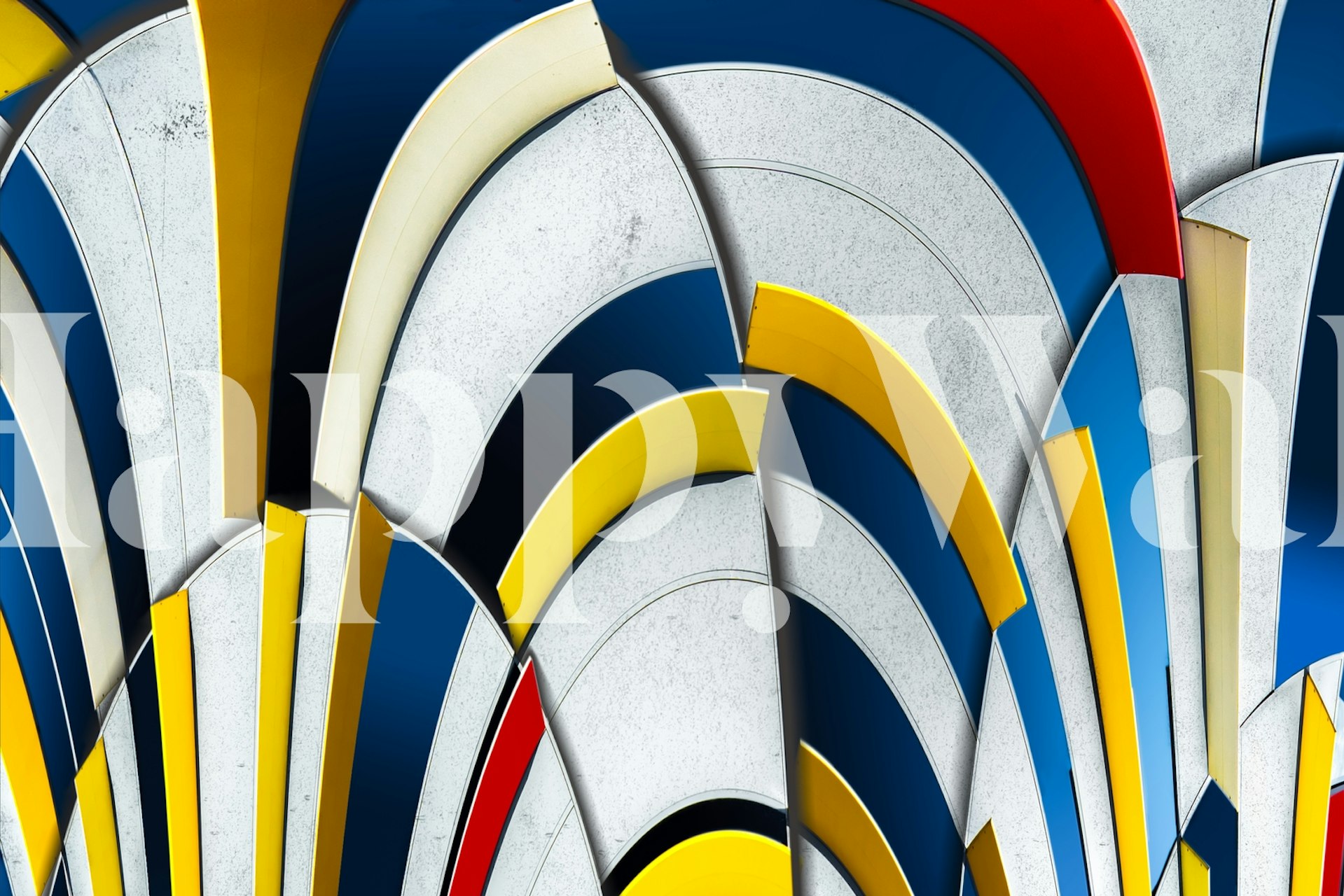 Abstract hyperbolas wall mural with geometric arcs in blue, yellow, red, and cream.