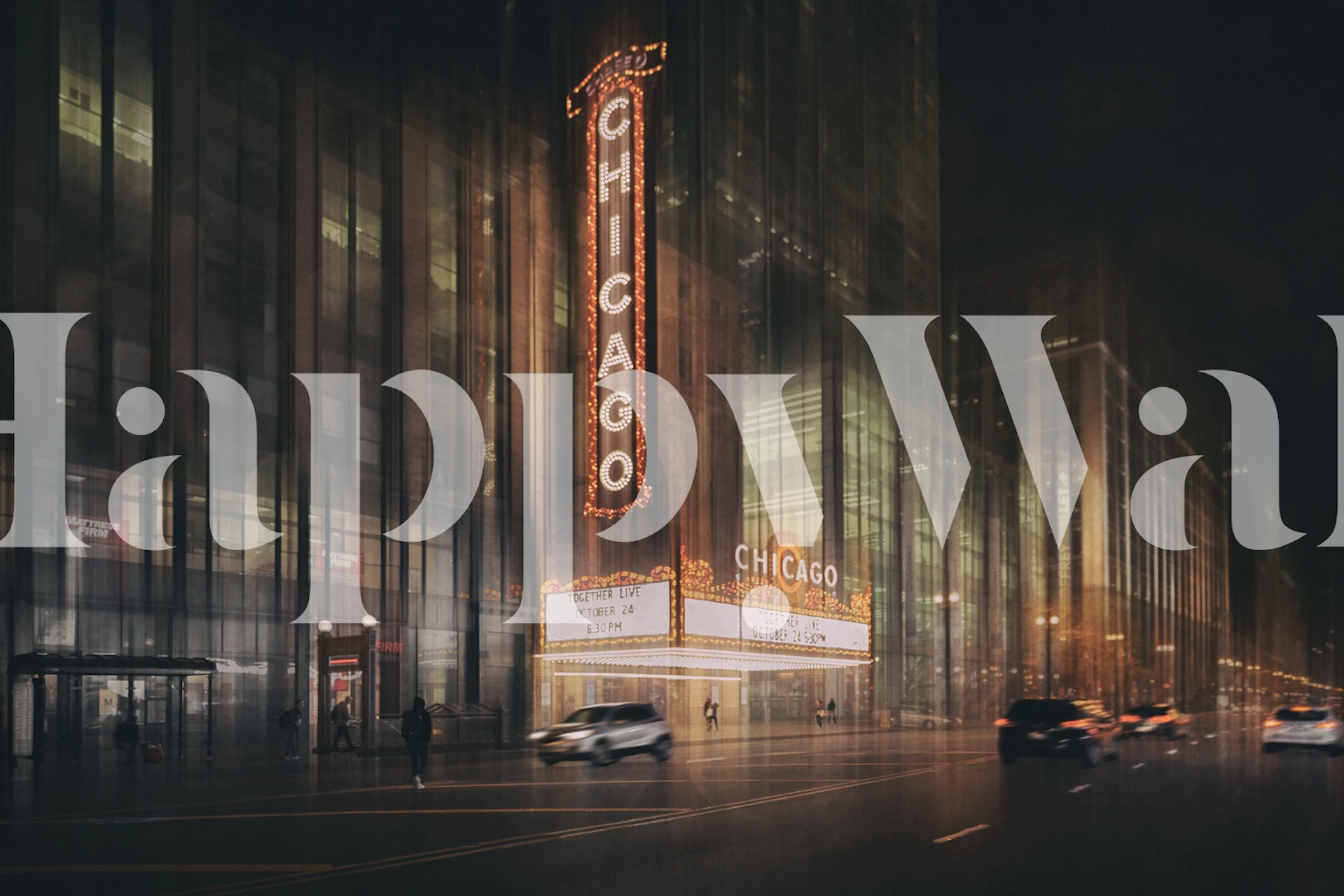 Chicago theater marquee at night with neon lights wallpaper
