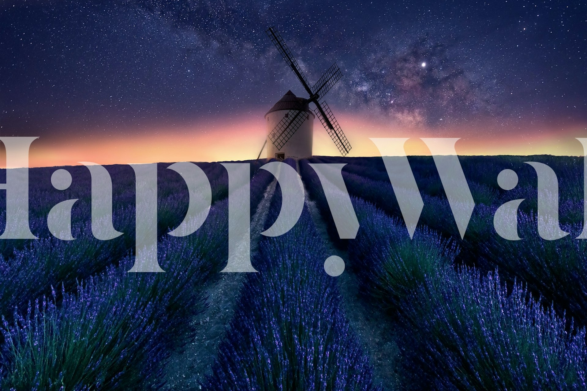 Lavender fields under a starry sky with a windmill wallpaper
