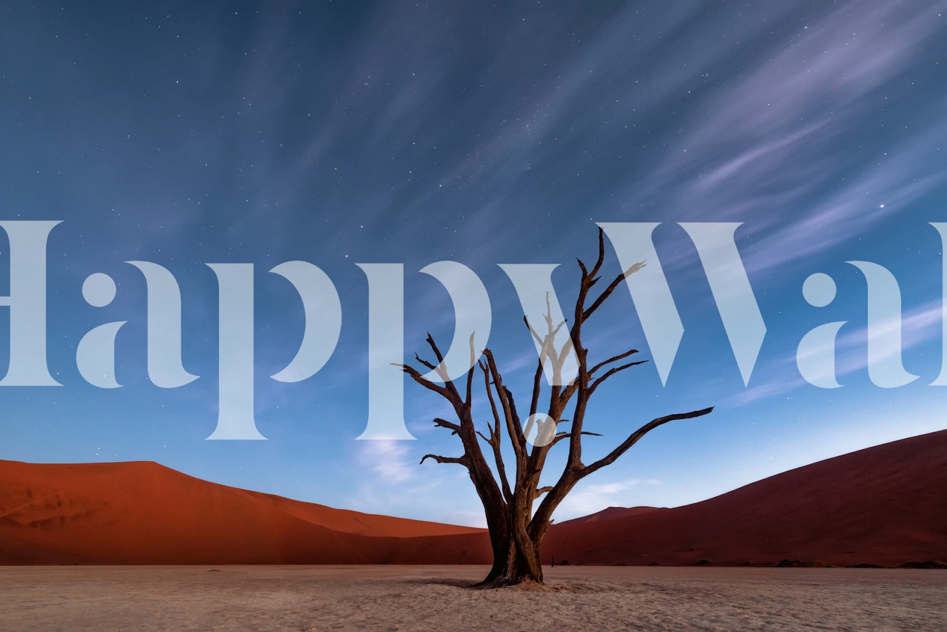 Silhouetted barren tree against dusk sky with red dunes wallpaper
