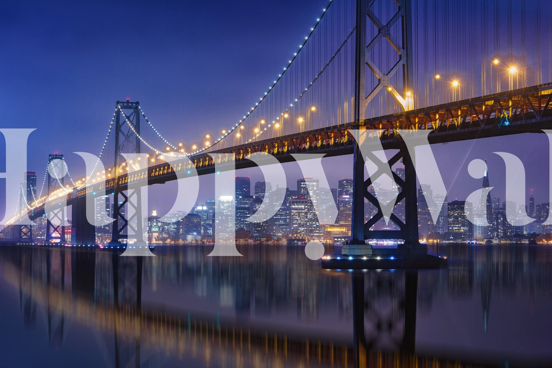 The Bay Bridge wall mural with urban skyline at dusk