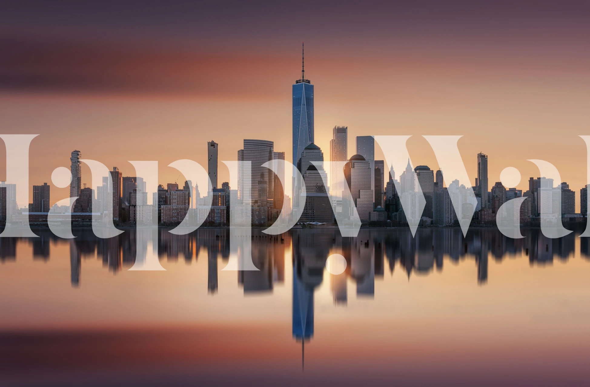 City skyline at sunset with reflections in water wallpaper