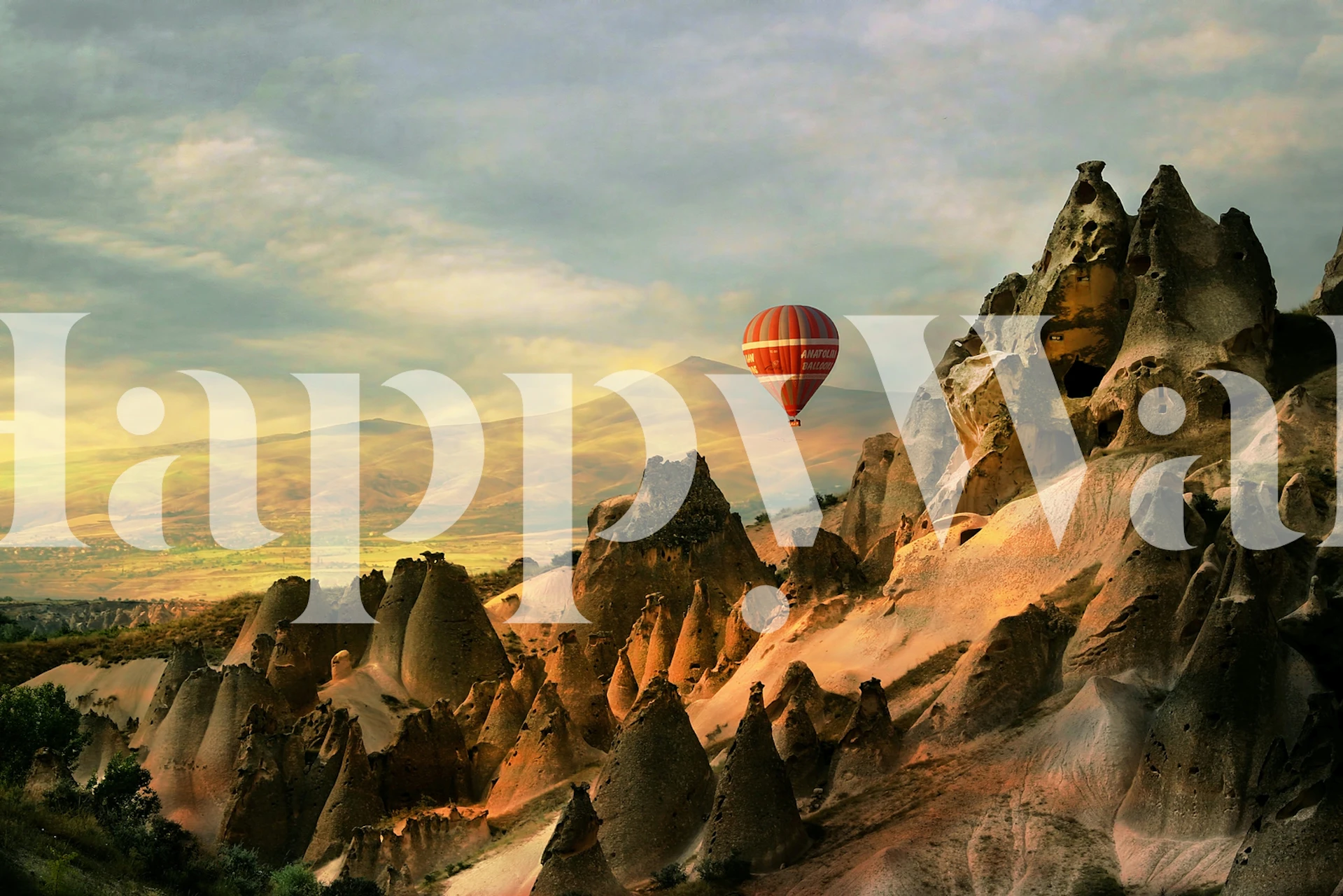 Cappadocia landscape with hot air balloon, warm earth tones wallpaper