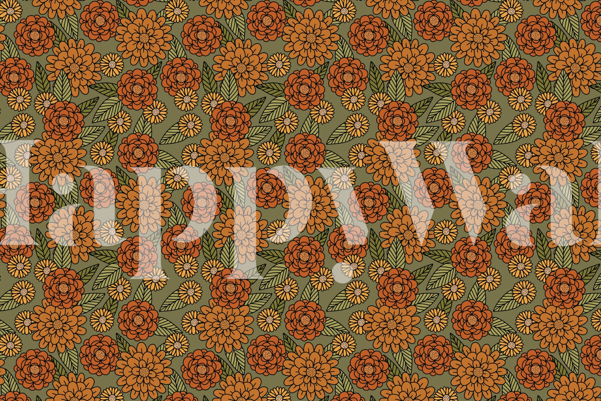 Floral pattern with orange flowers and green leaves wallpaper