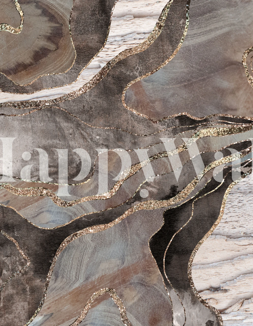 Ylellinen seinämaalaus, jossa on puu- ja akaattitekstuureja glitter-koristeilla