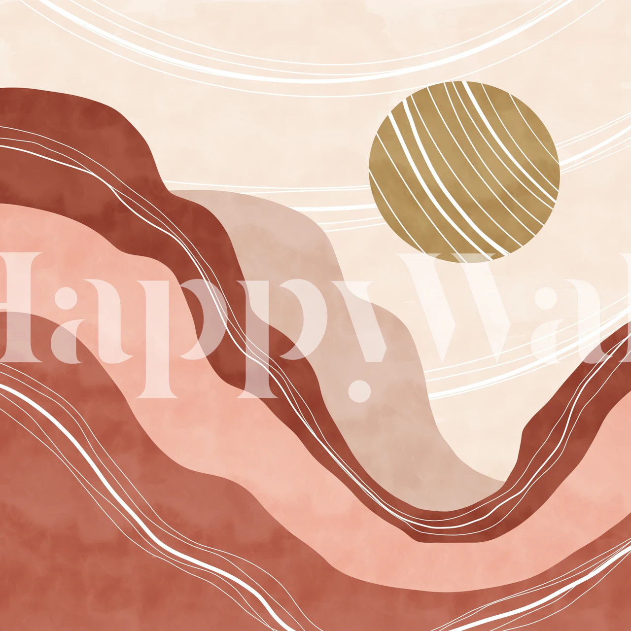 Abstract desert mountains wall mural with reddish tones and golden sun