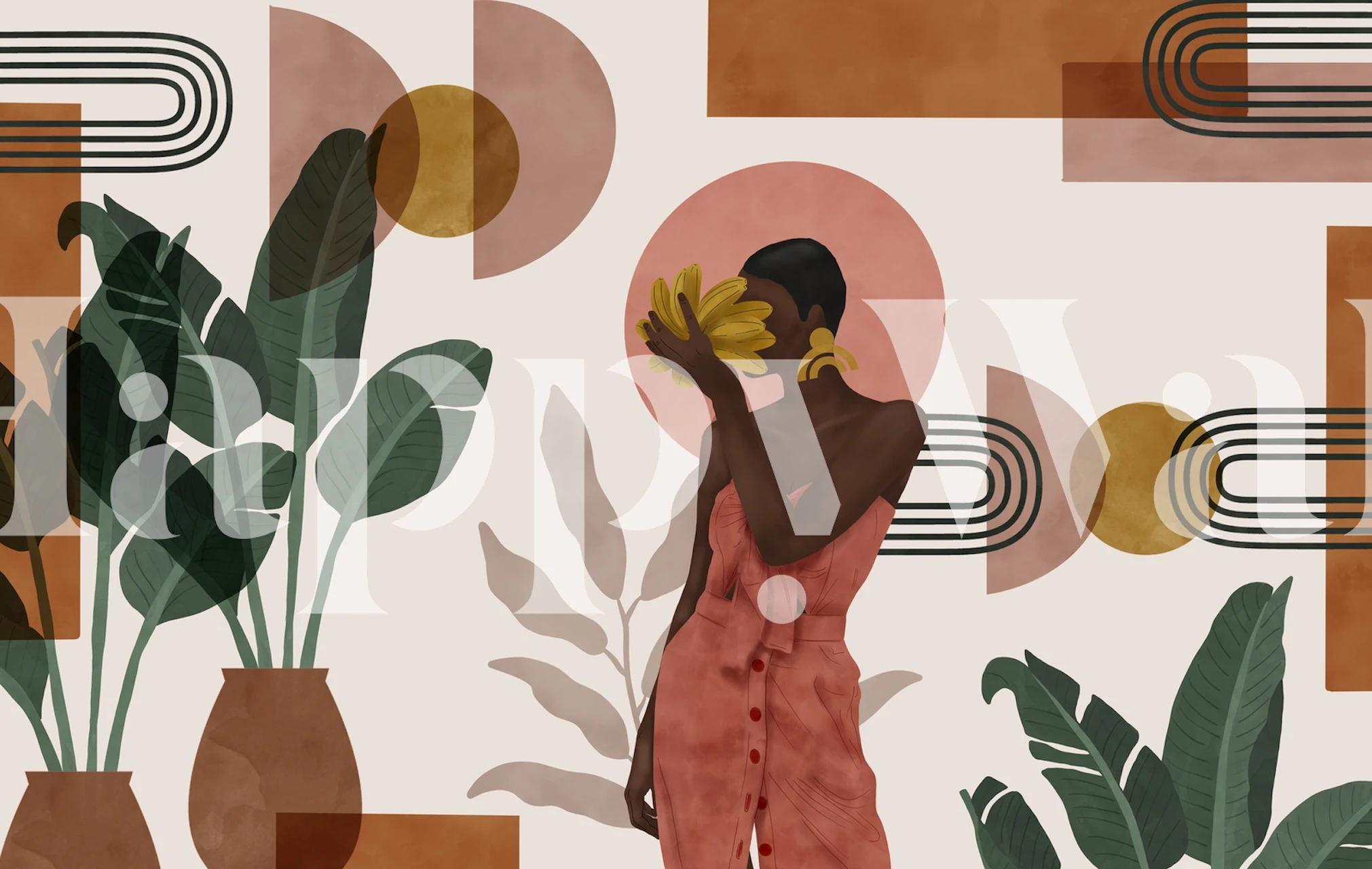 Abstract botanical wall mural with stylized woman and banana plant elements in earthy tones