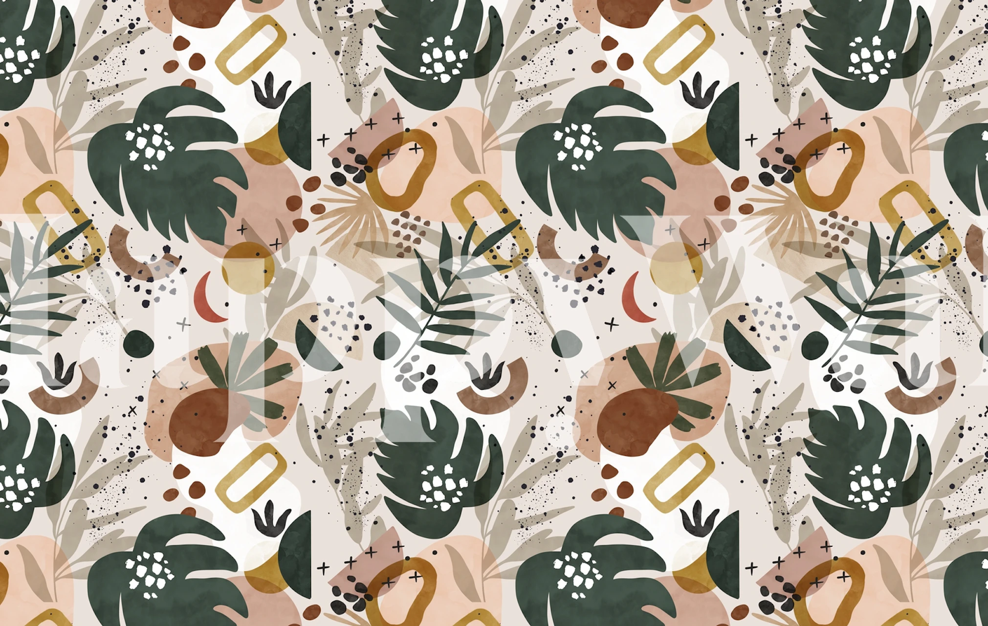 Abstrakt natur tapet med tropiskt lövverk och geometriska former