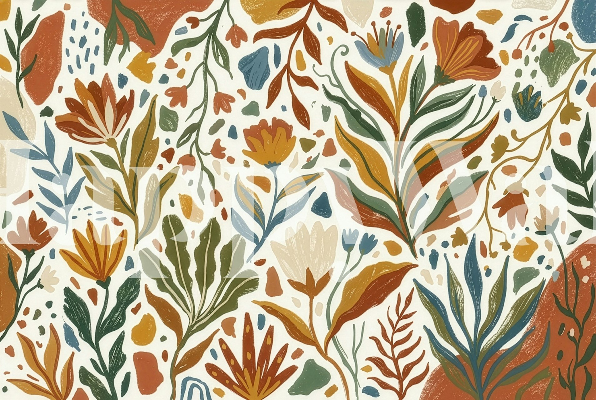 Colorful abstract shapes and plants in earthy tones wallpaper