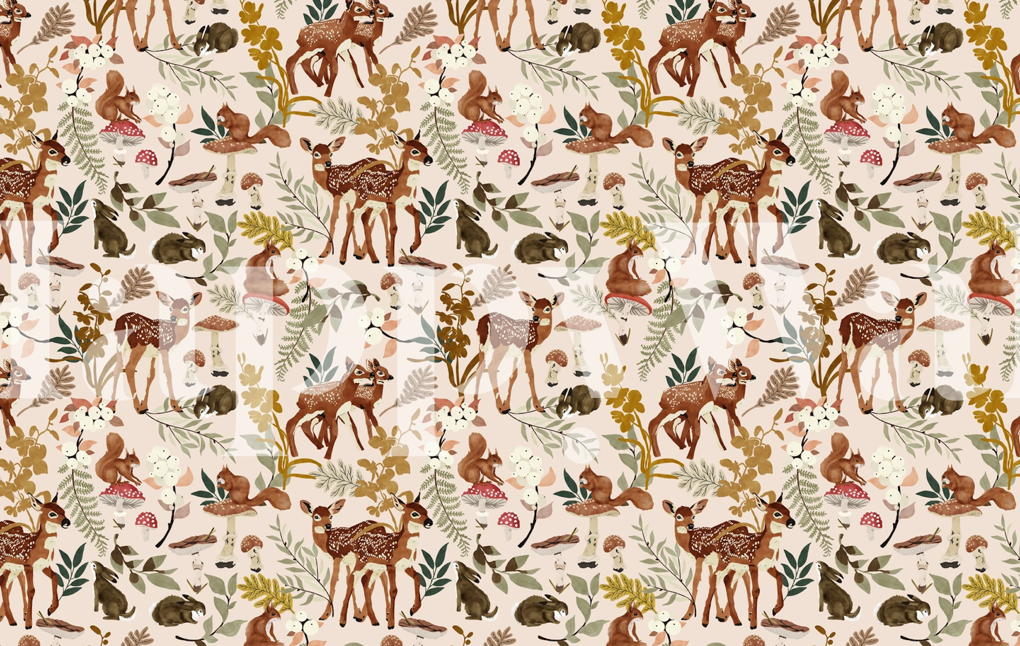 Fawn and animal illustrations with floral accents on beige wallpaper