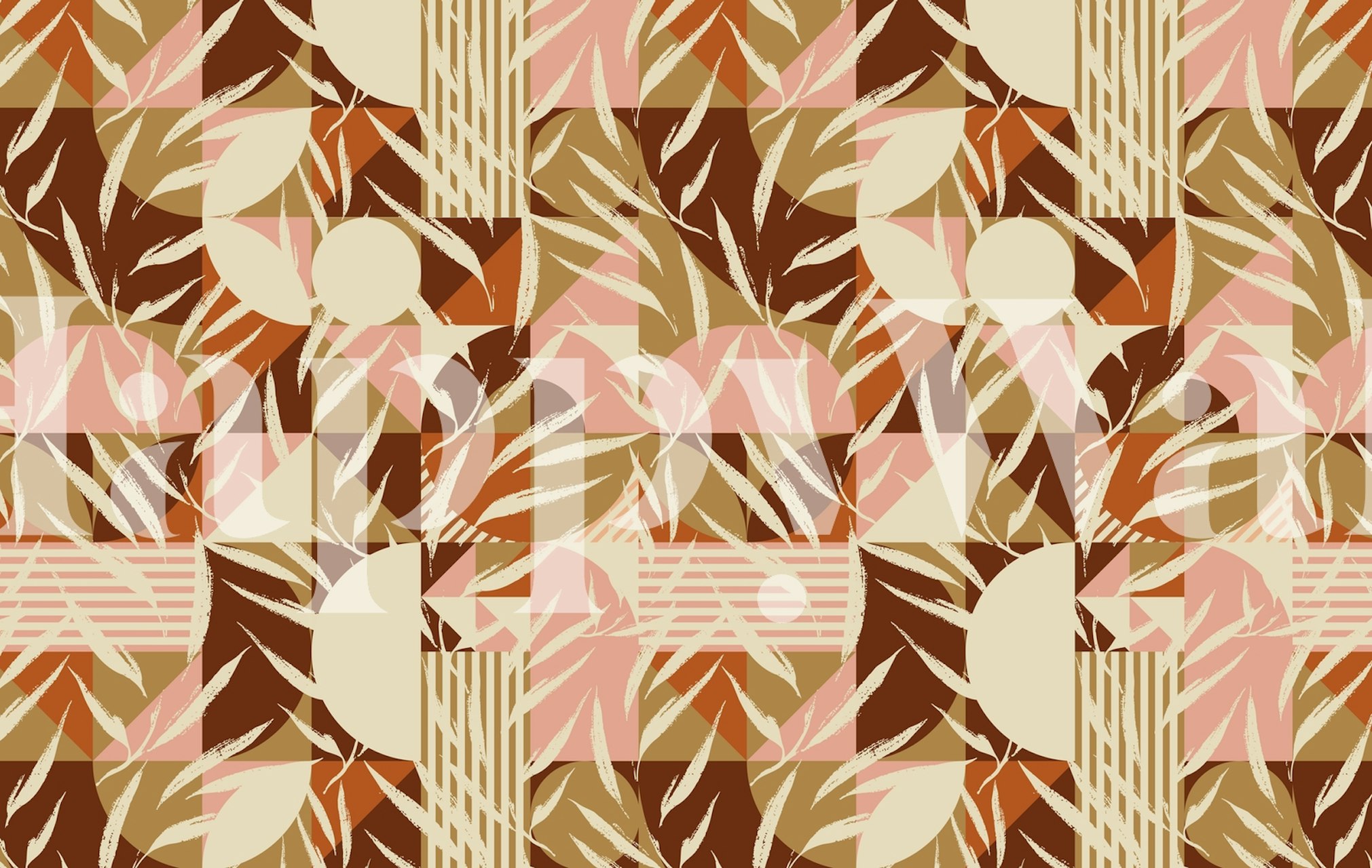 Natur med retro mosaikkmønstret veggmaleri med vintage geometrisk design blandet med bladmotiver