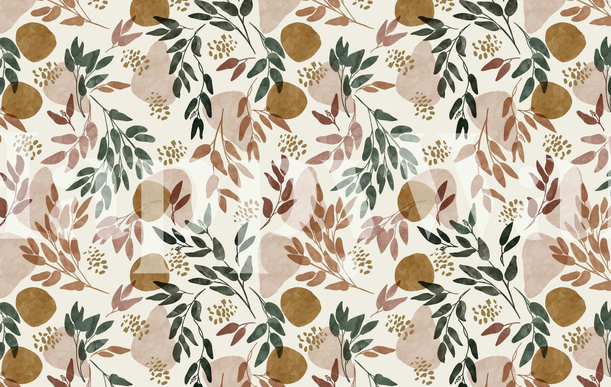 Floral wallpaper with beige and green leaves and circular shapes