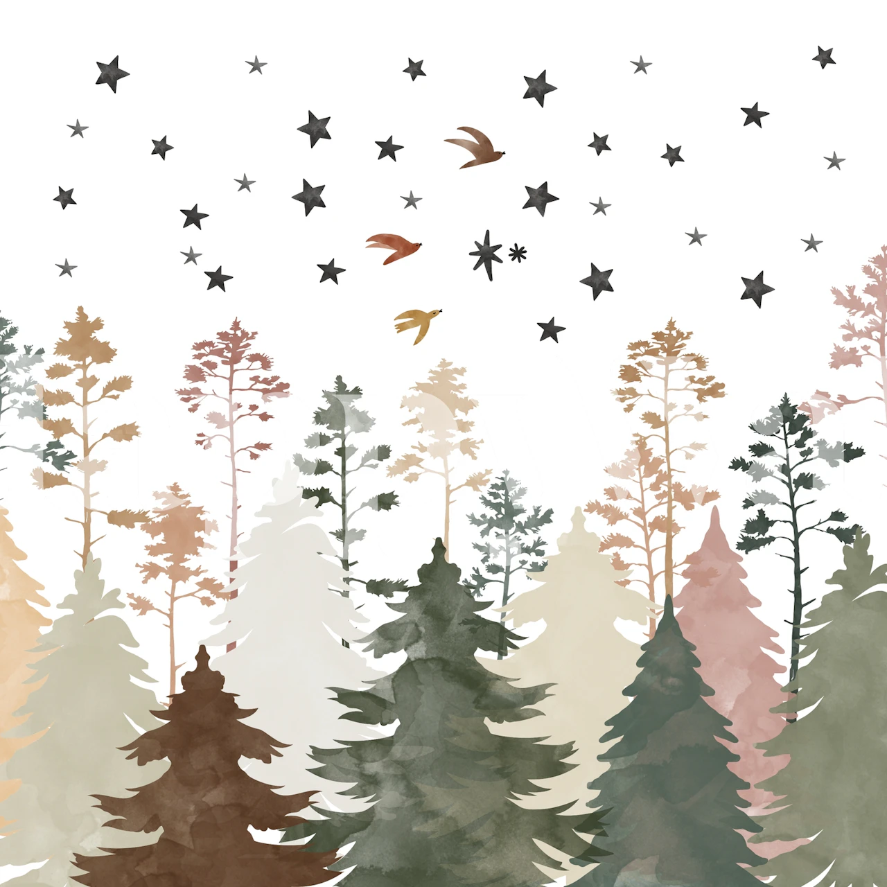 Watercolor trees with birds and stars on white wallpaper