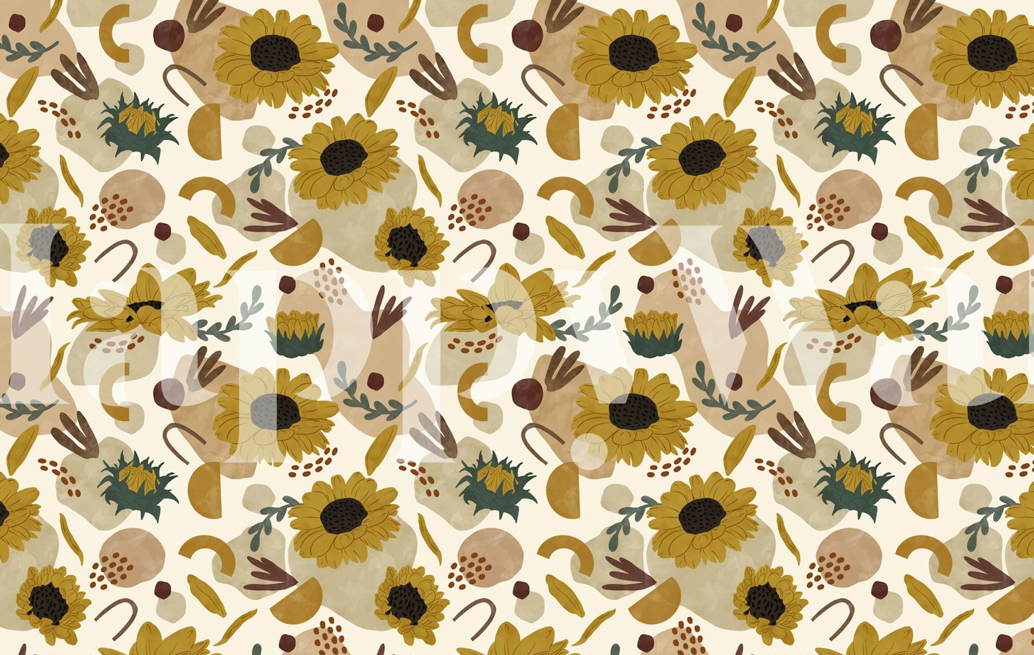 Sunflower floral pattern with earthy tones on light background wallpaper