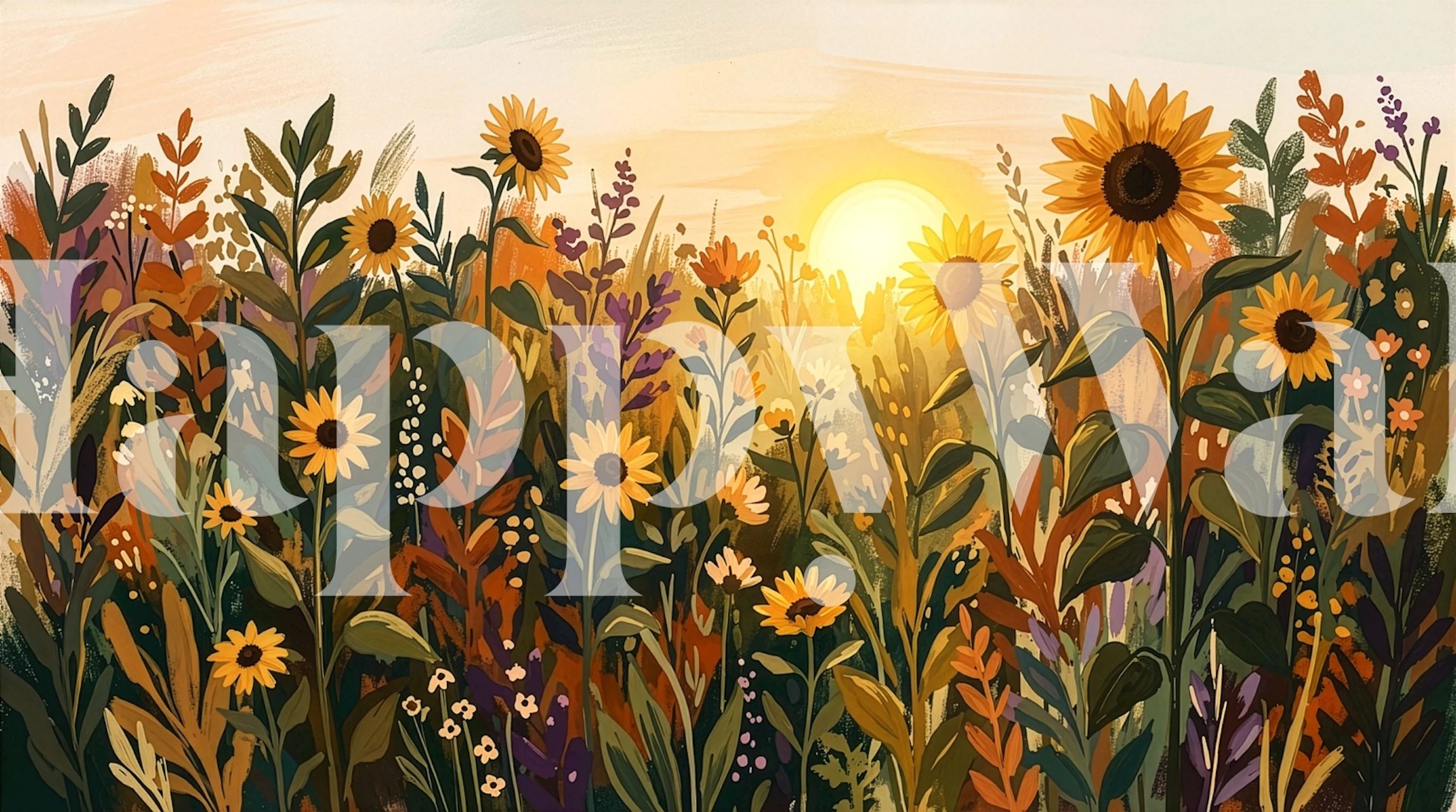 Sunflower floral pattern with earthy tones on light background wallpaper