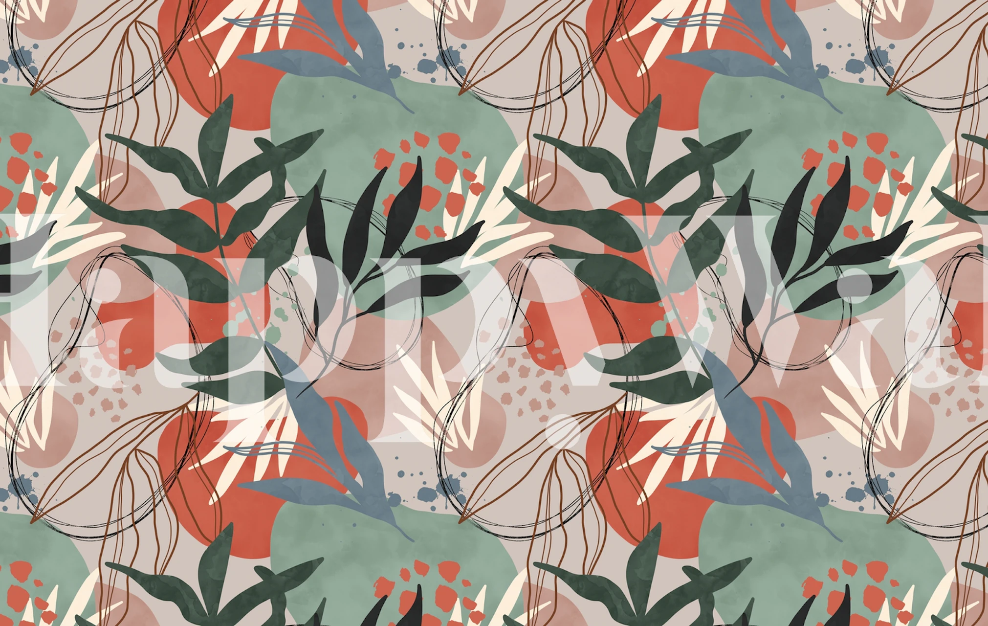 Abstract floral design in earthy colors featuring green leaves and coral shapes wallpaper
