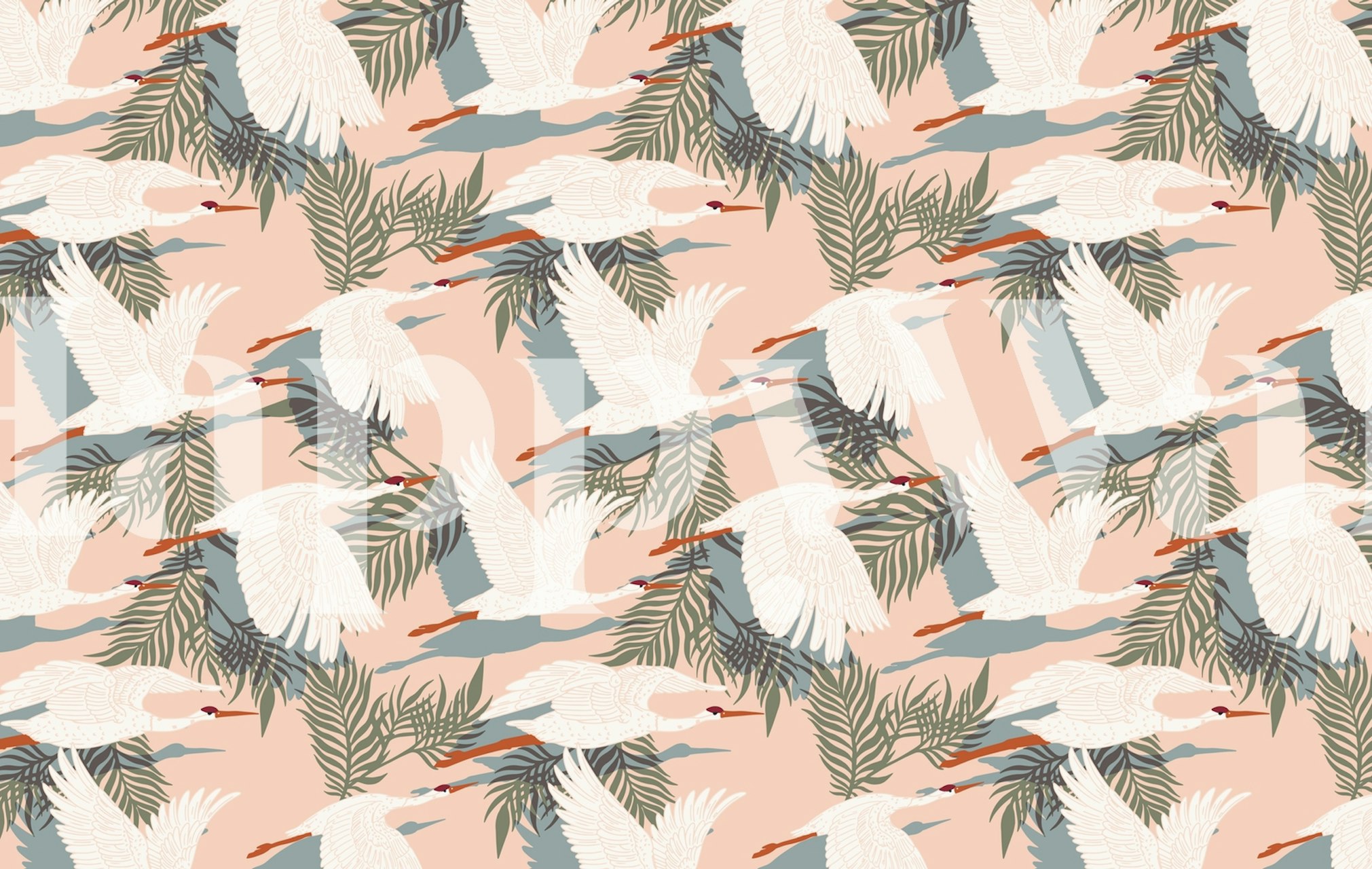 Cranes flying amidst green leaves on a soft pink wallpaper